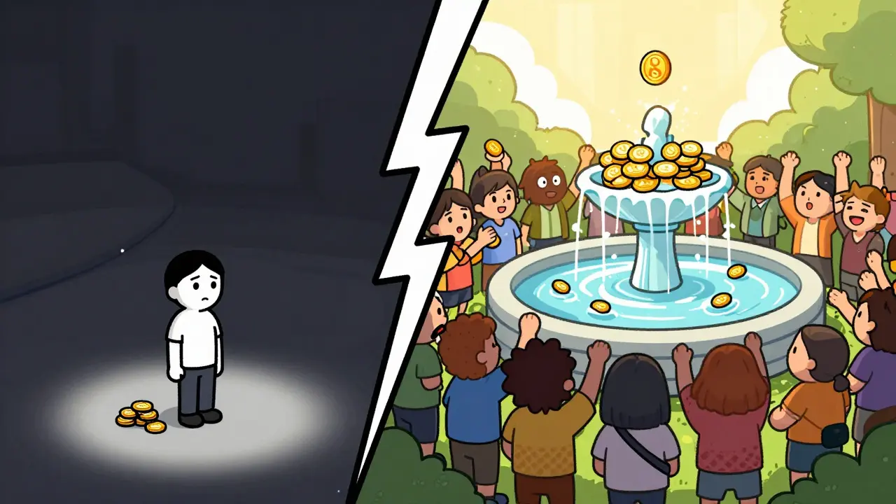 Contrast between small SUNI pile and large major project token fountain