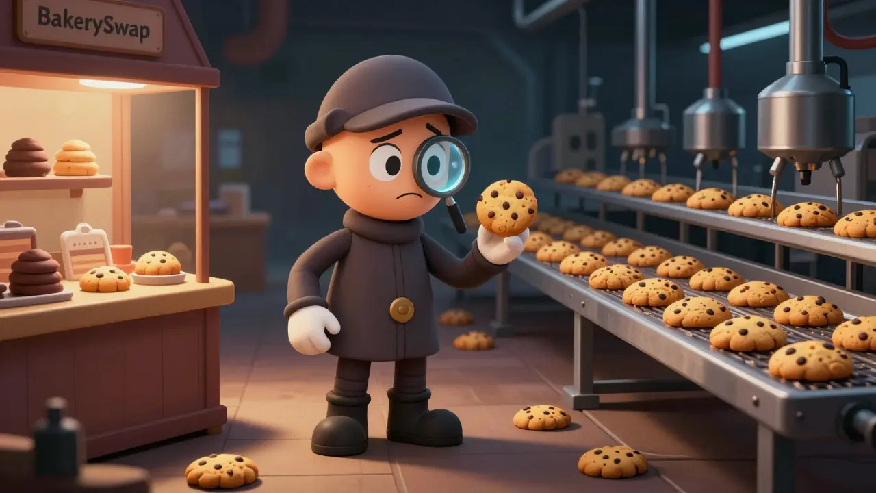 Detective examining a rare cookie between a small bakery and a massive cookie factory.