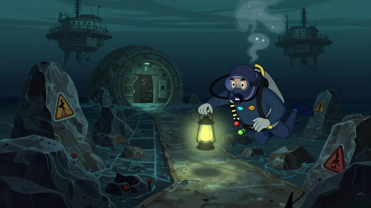 Diver navigating safe path through hazardous waters