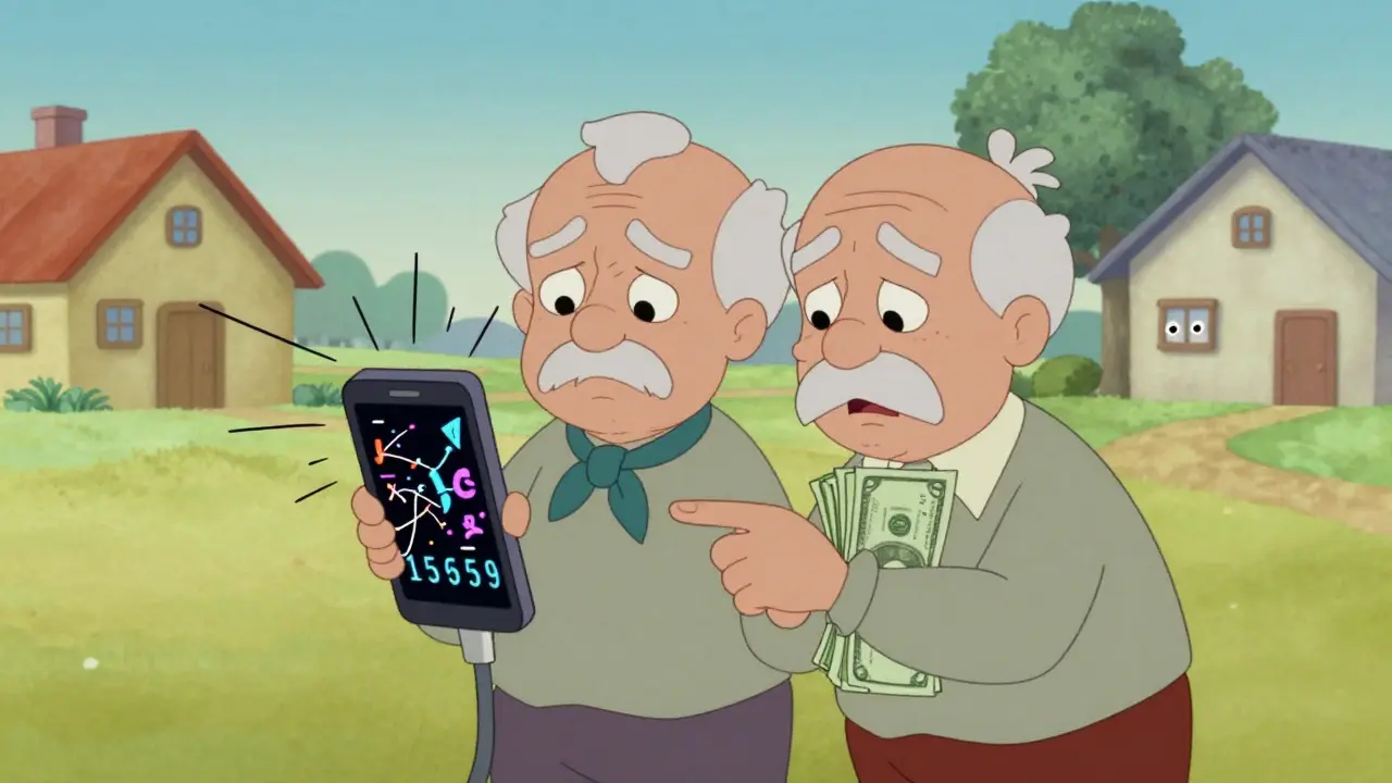 Elderly couple confused by a glitching crypto app in vintage cartoon style.