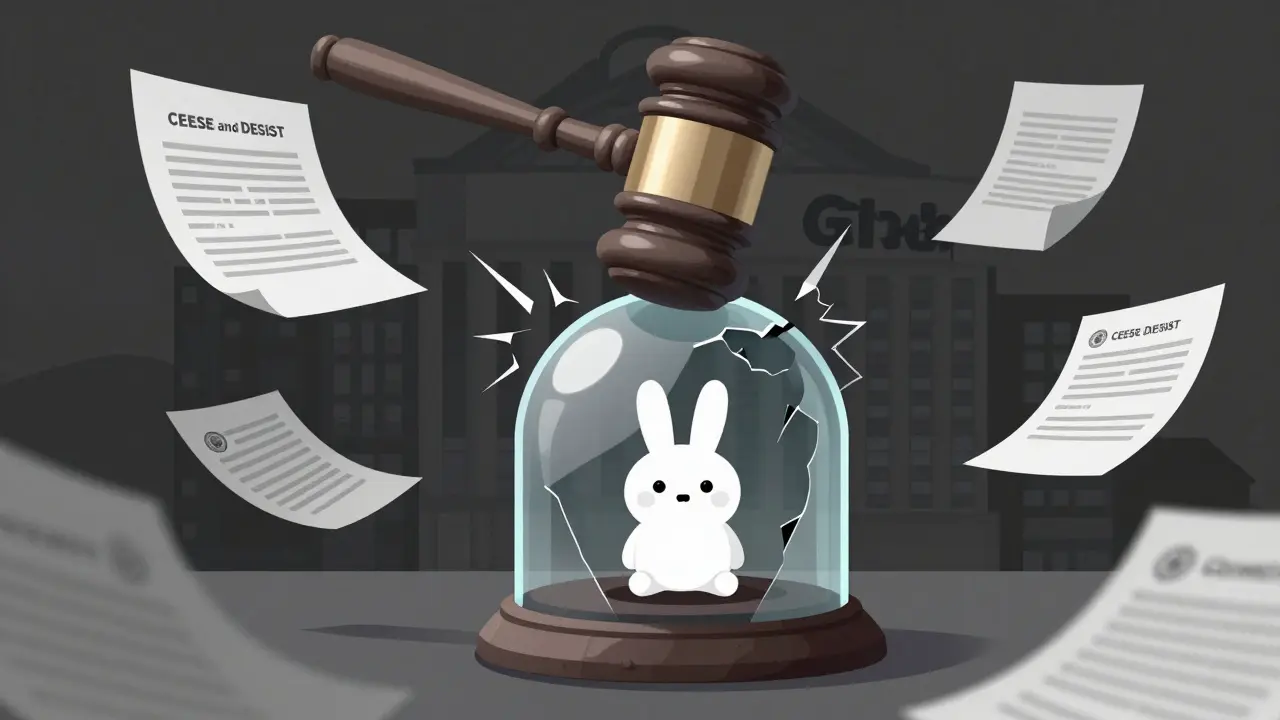 Gavel striking near a rabbit under a corporate silhouette in rubber hose art