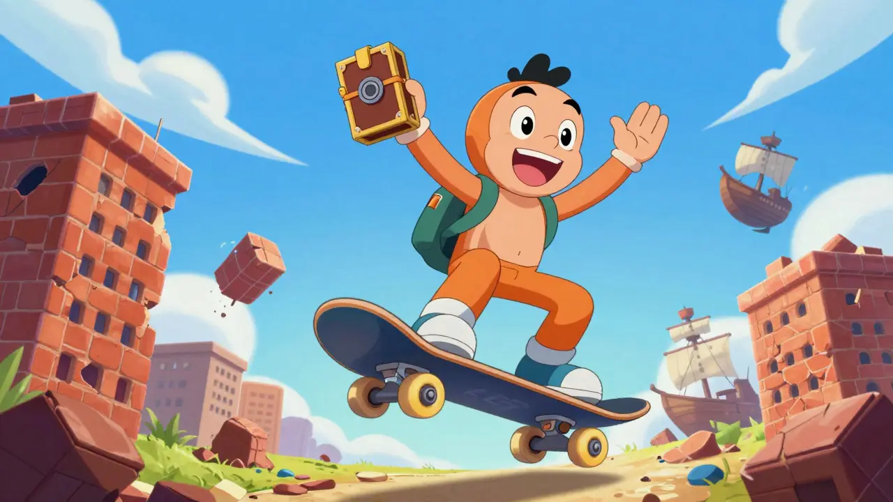 Happy character skateboarding on blockchain links away from crashing exchanges