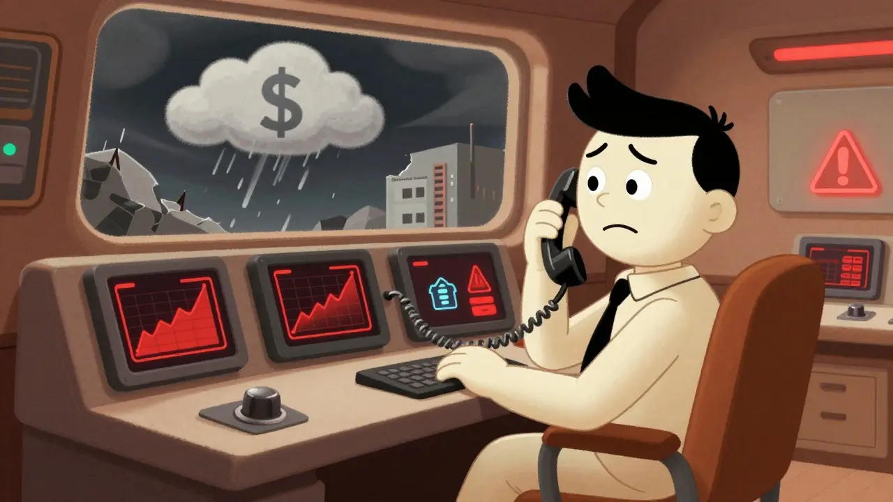Retro animator character in control room facing red alert warnings from blockchain screens