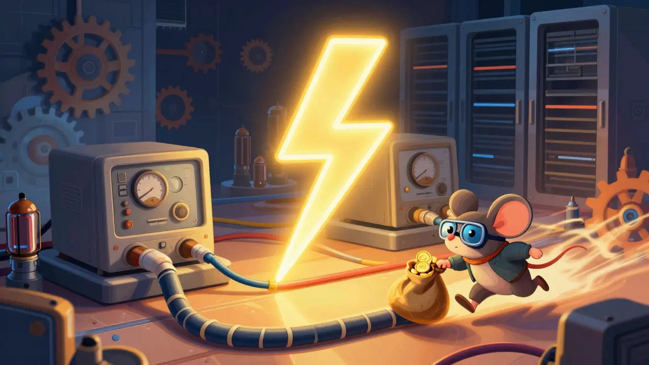 Retro computers connected by glowing lightning bolts, symbolizing fast Layer 2 transactions.