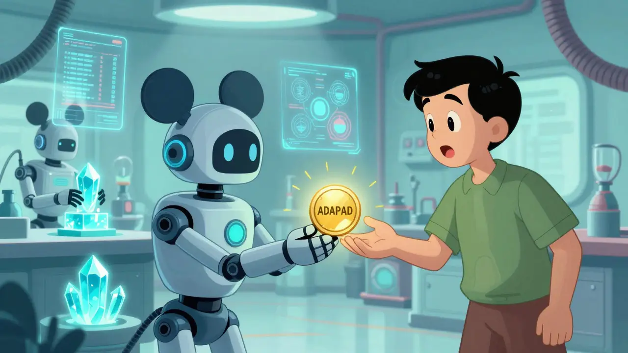 Retro-style robot handing a glowing ADAPAD token to a surprised human user.