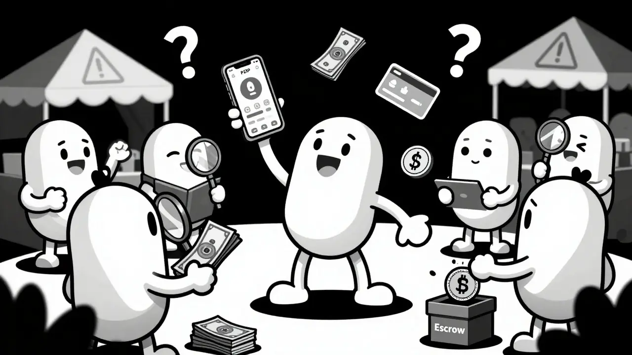 Rubber hose characters trading crypto peer-to-peer