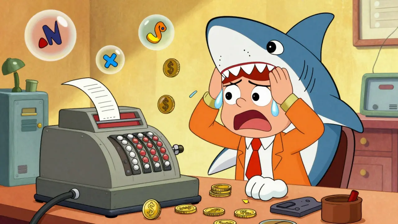 Rubber hose style trader swapping coins while shark watches nearby