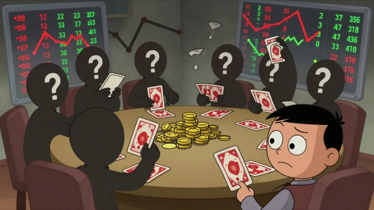 Shadowy figures chaotically trading tokens in a vintage cartoon style