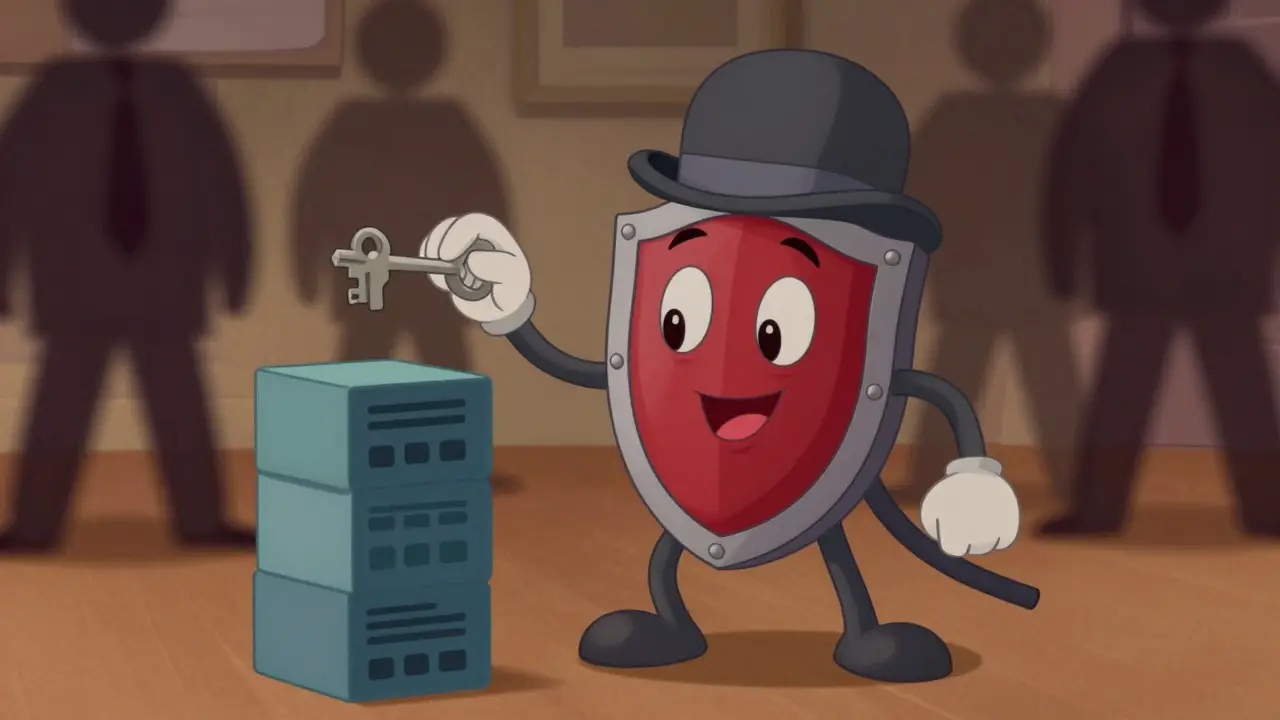 Shield character protecting data blocks from shadows in vintage animation style.