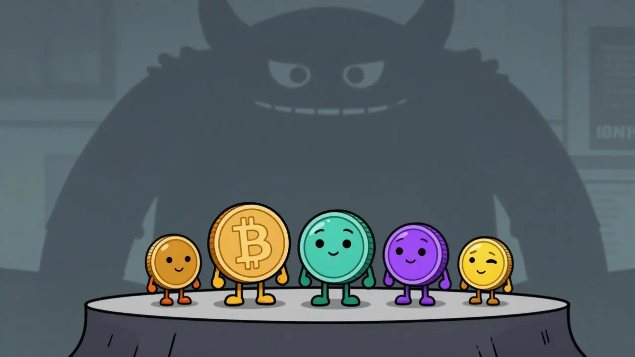 Small crypto coins on stage vs giant exchange shadow in retro style