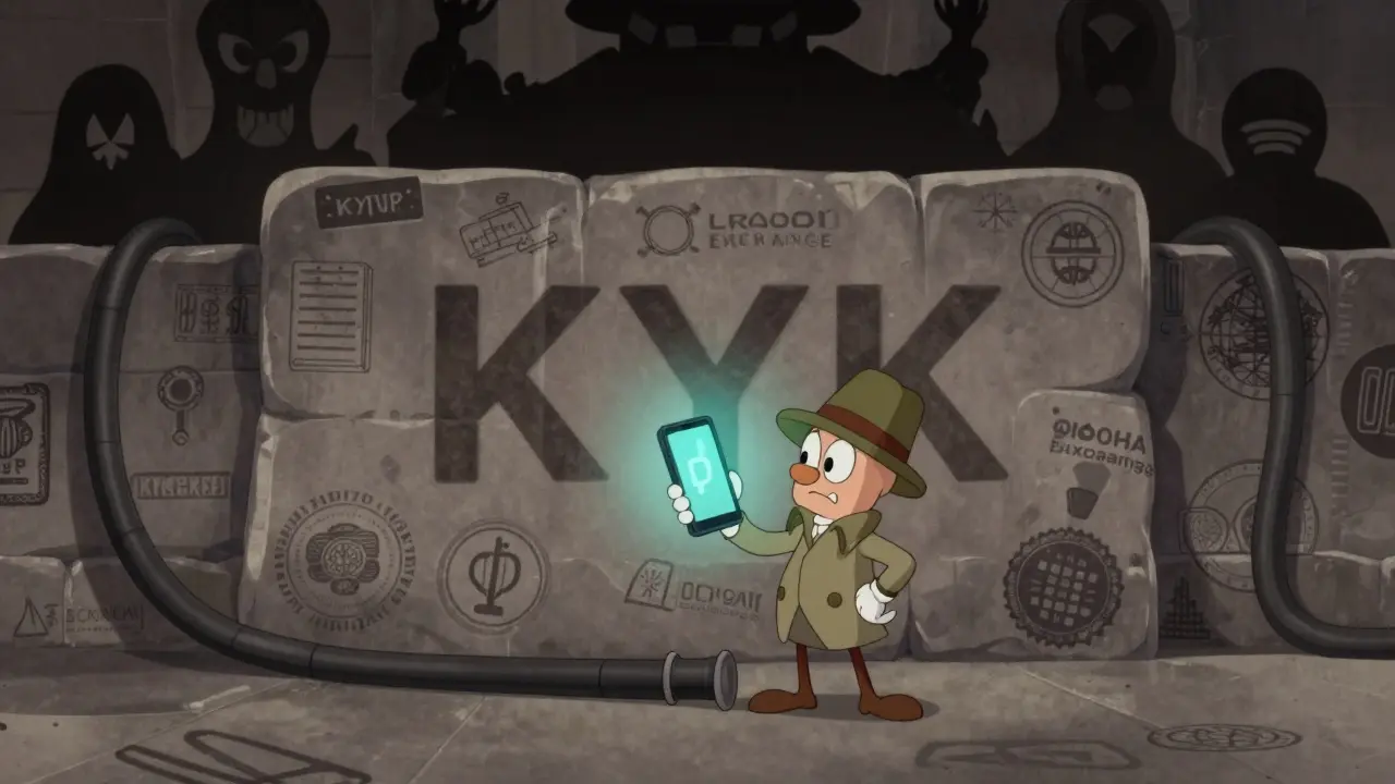Small figure facing a large bureaucratic wall blocking access to crypto