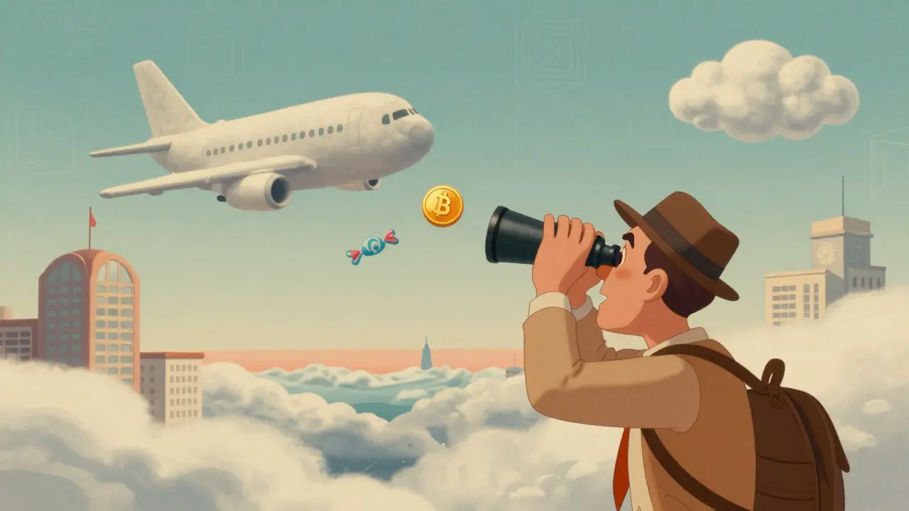 Surreal rubber hose animation of floating hotels and swirling crypto tokens