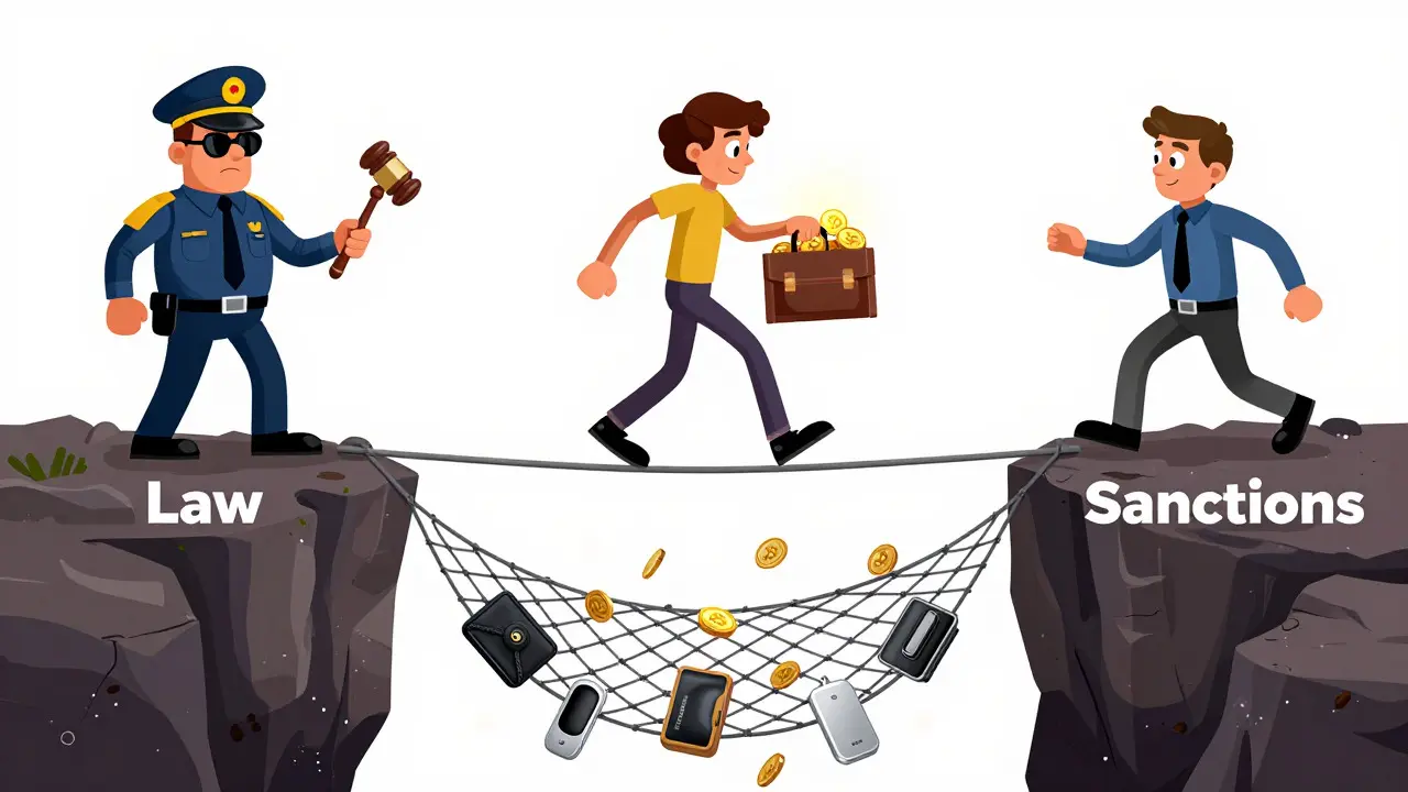 Tightrope walker balances between law and sanctions with crypto
