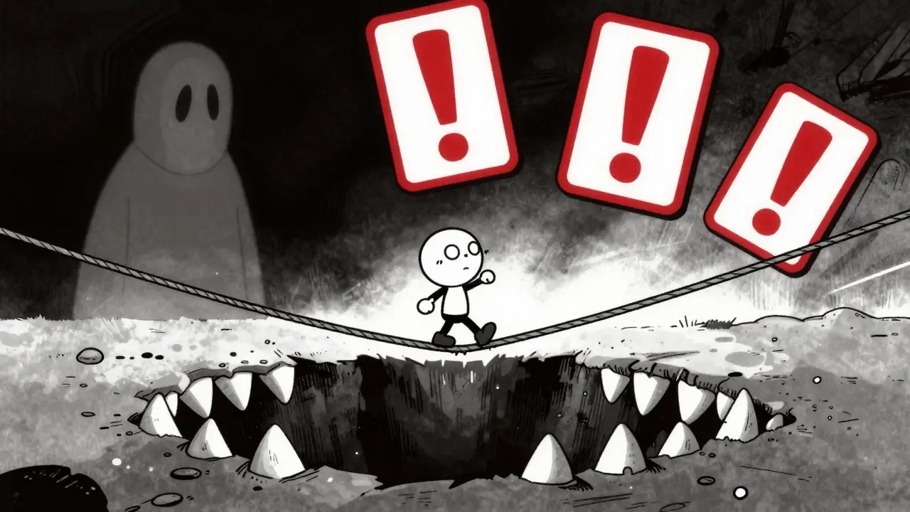 Vintage animation of character balancing on tightrope over danger pit