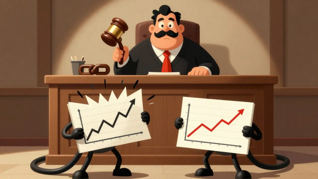 Vintage animation style courtroom scene illustrating the Howey Test for crypto.