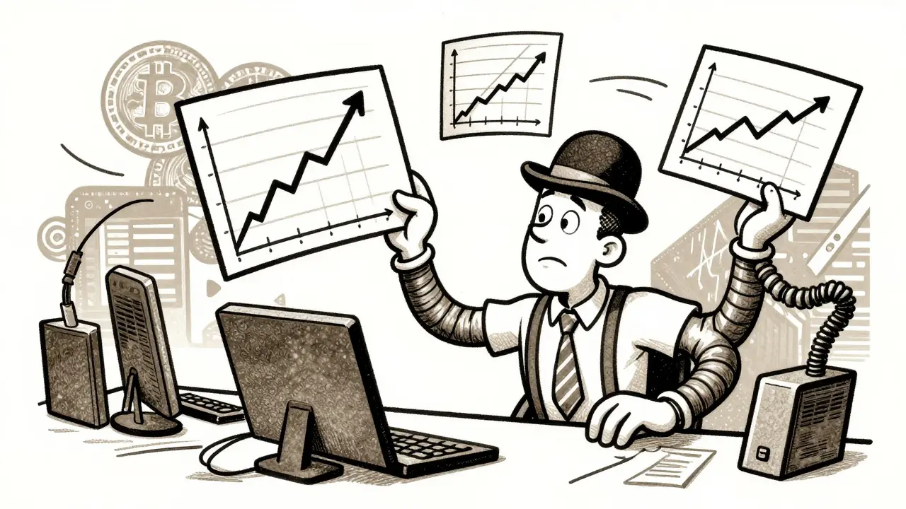 Vintage animator style trader juggling crypto charts and ticker tapes