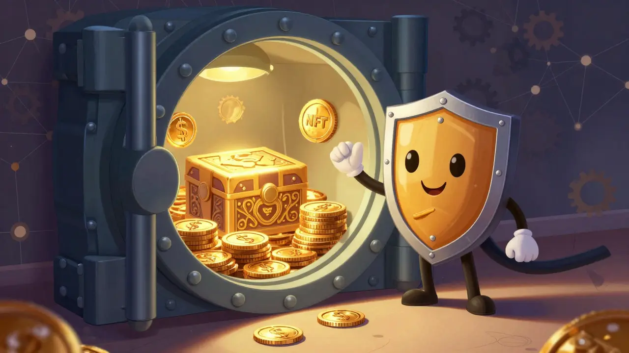 Vintage cartoon vault revealing gold tokens and a rare Elite Box NFT.