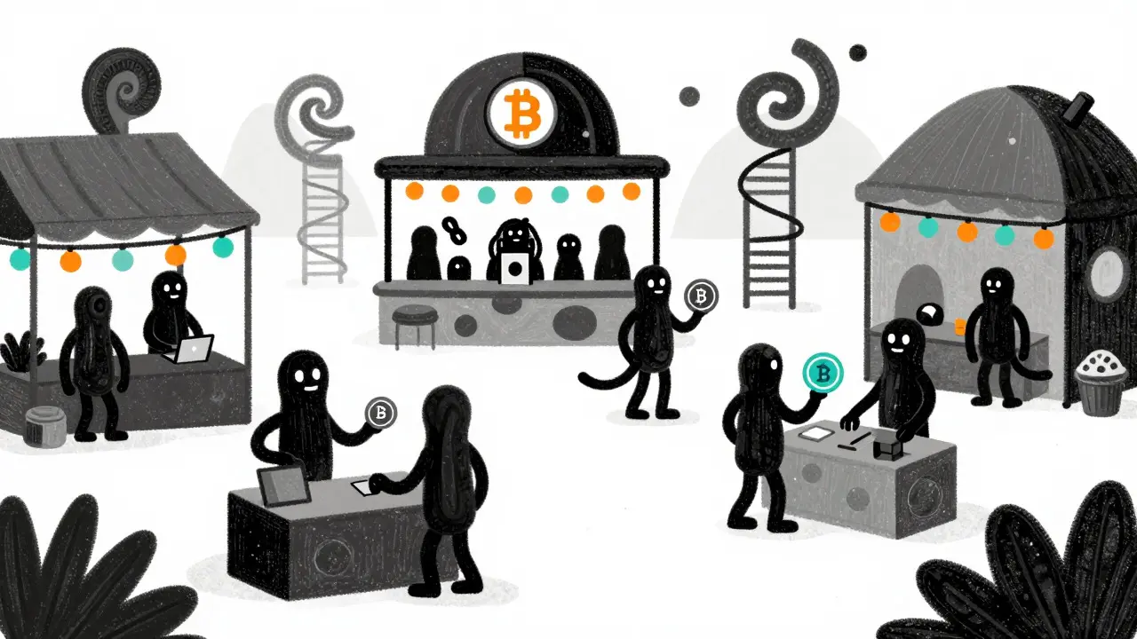 Whimsical marketplace scene with animated crypto token characters