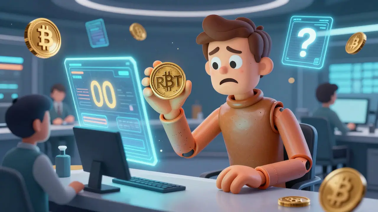 A confused cartoon character struggling with conflicting data while holding an RBT coin at a trading desk