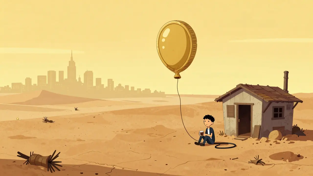 A deflated coin balloon tied to a shack in a desert, symbolizing the end of the Rimbit project