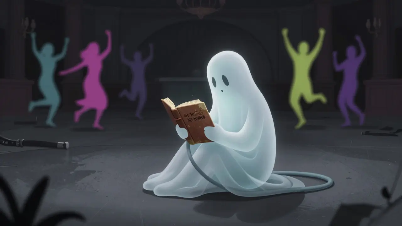 A lonely ghostly figure in an empty ballroom, depicted in retro rubber hose animation.