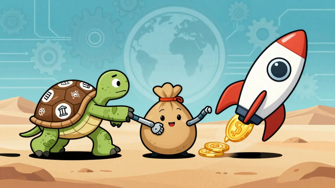 A rocket zooms past a slow turtle, symbolizing fast blockchain payments vs legacy systems.