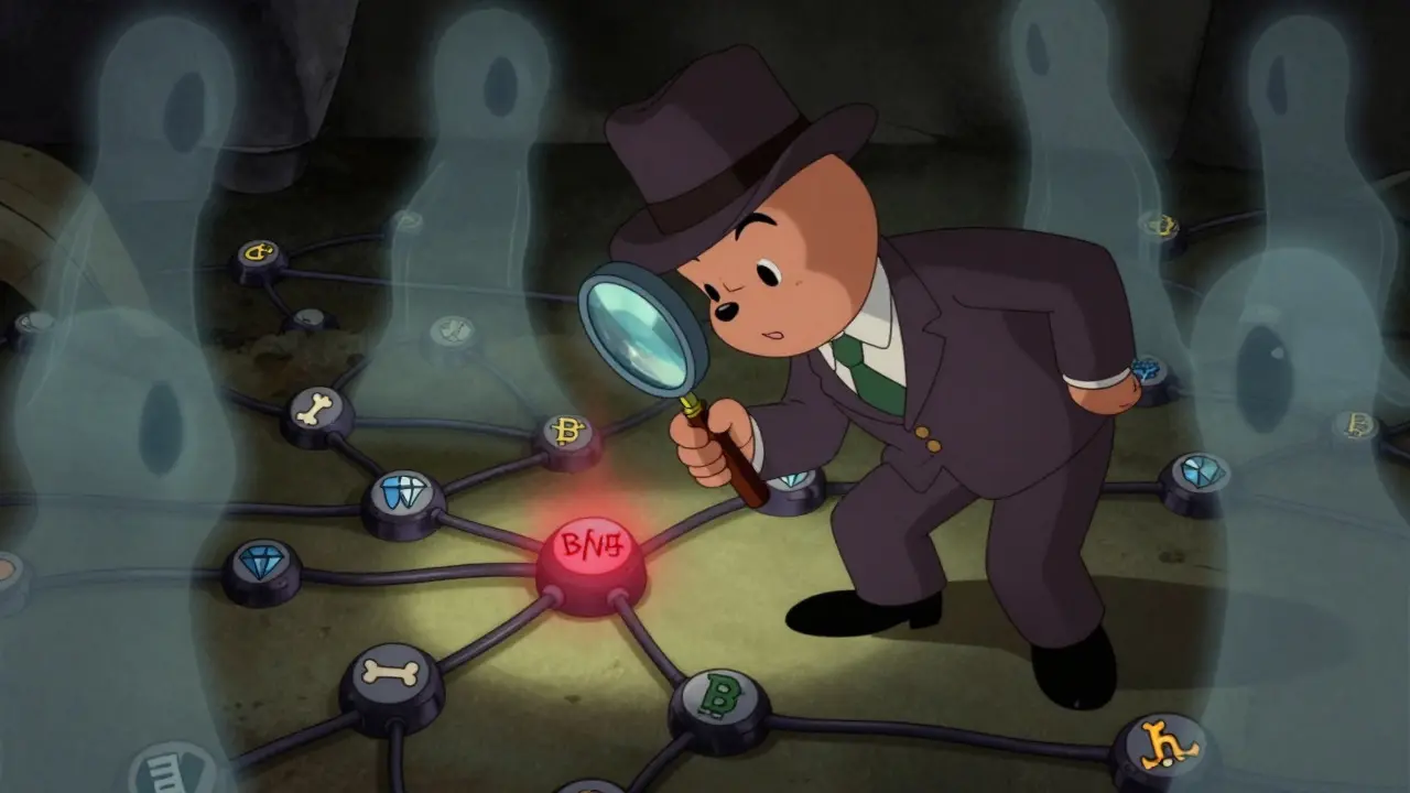 Animated detective inspecting a blockchain network for signs of fraud