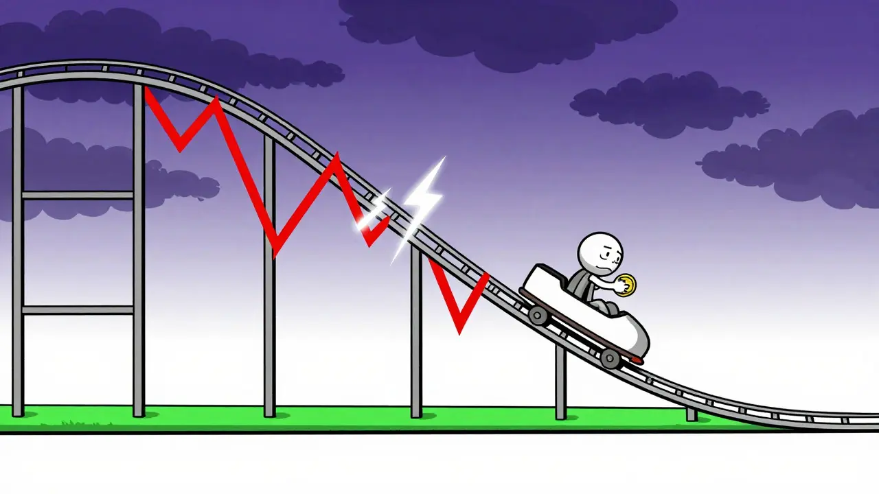Cartoon character riding a roller coaster shaped like a crashing stock chart