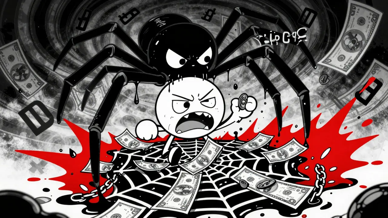 Cartoon character trapped in slippage web losing coins