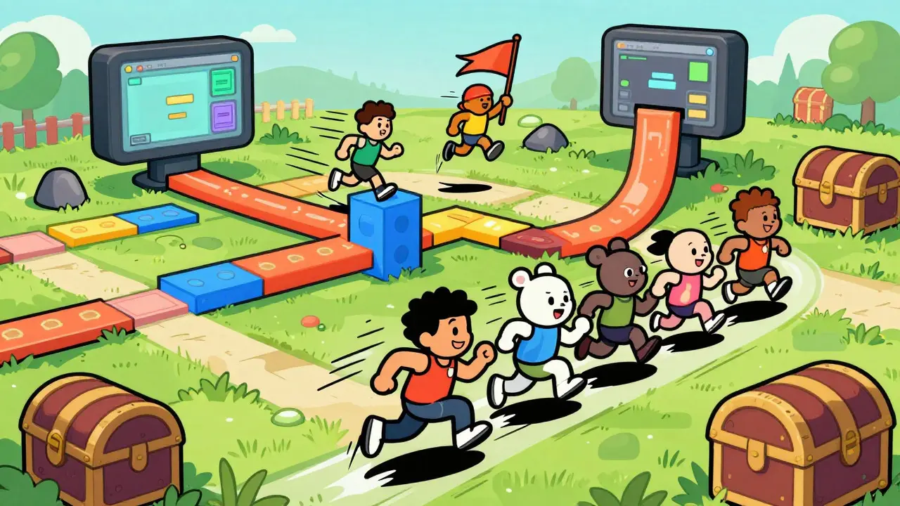 Cartoon characters racing through a gamified quest course