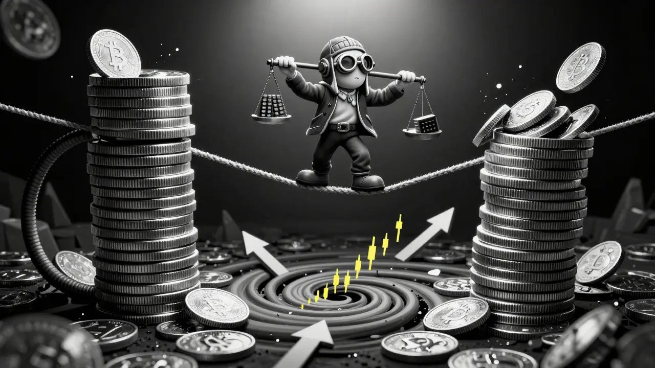 Cartoon figure balancing on a tightrope between stable and volatile coin stacks