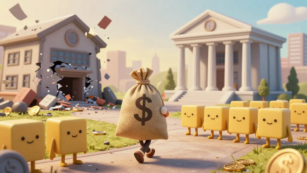 Cartoon figure moving assets from a crumbling exchange to a safe bank structure