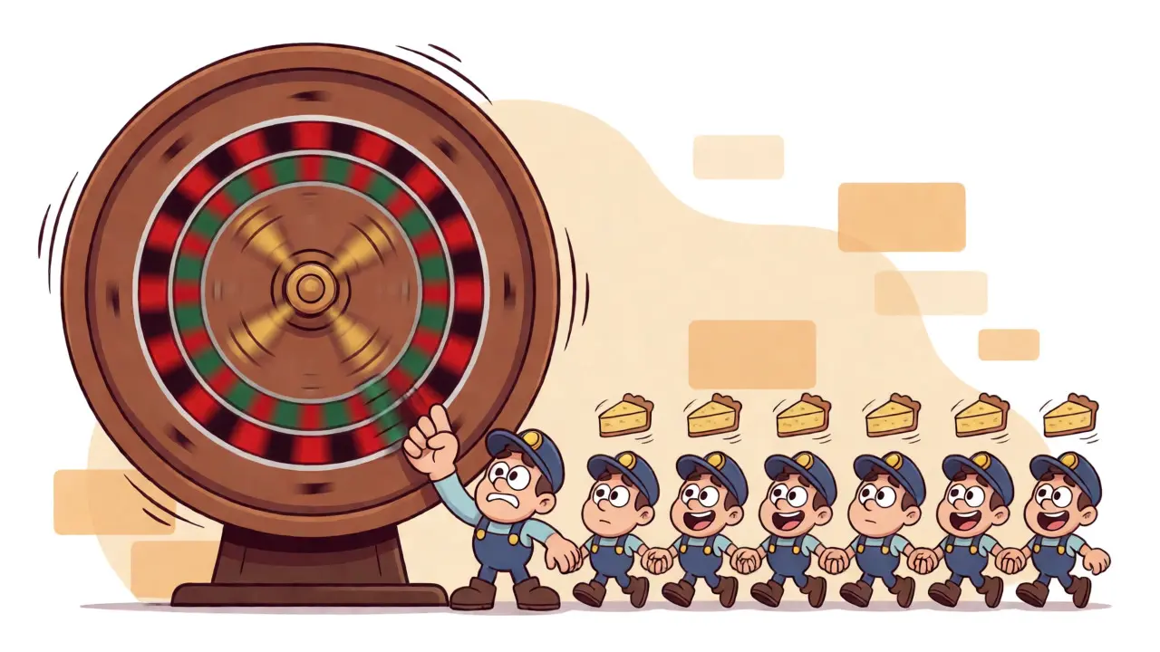 Cartoon illustration of a miner playing a lottery wheel while a pool group gets pie slices.
