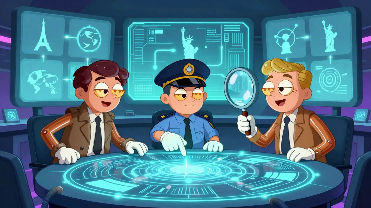 Cartoon investigators coordinating global crypto crime efforts at a holographic table