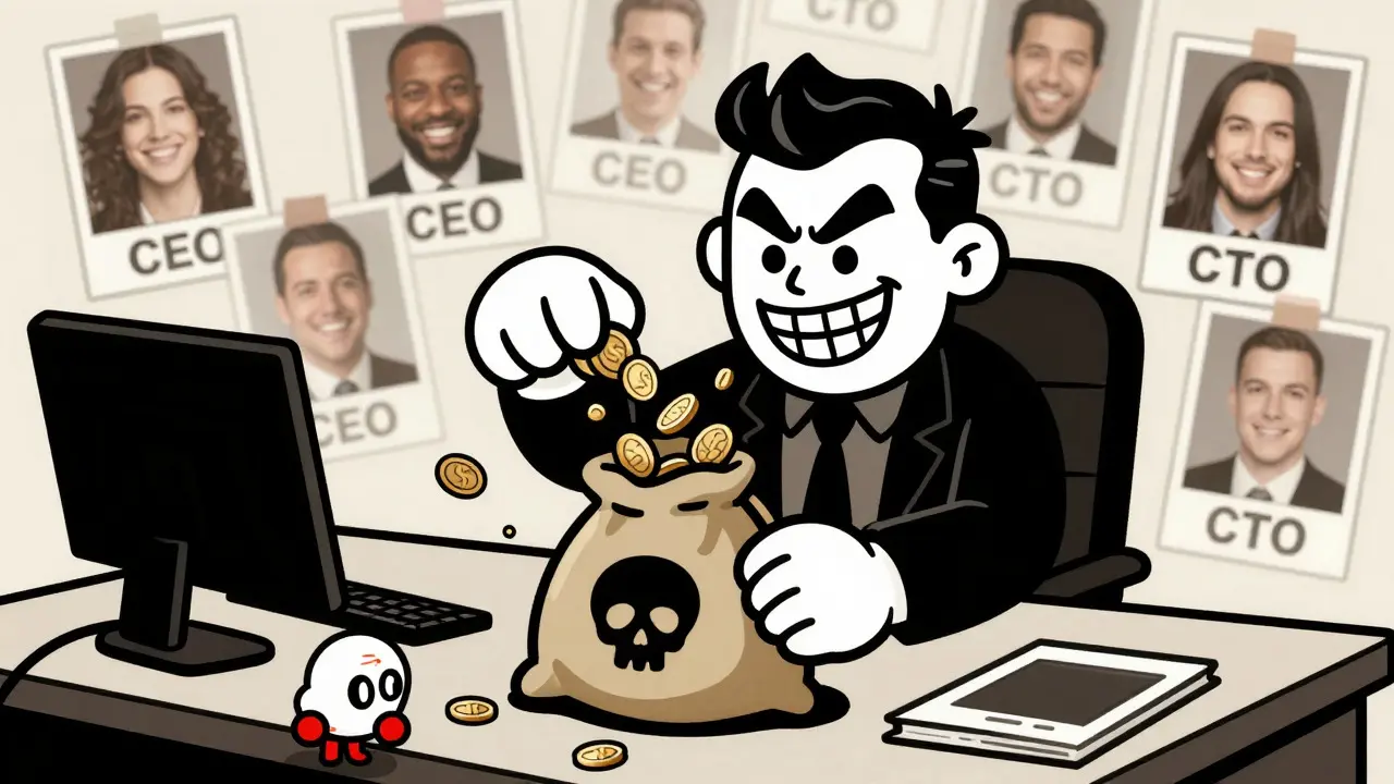 Cartoon villain hiding behind fake CEO photos while stealing coins from an unsuspecting victim.