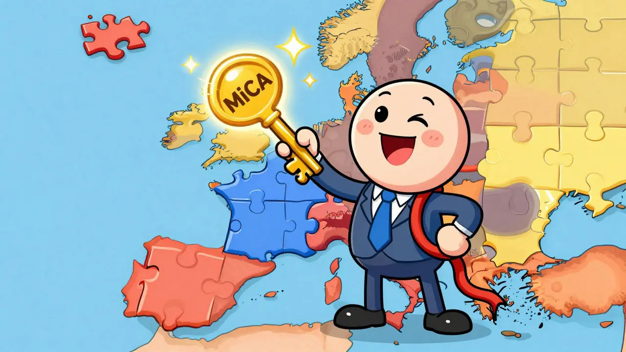 Cheerful character holding a golden MiCA key unifying a map of Europe
