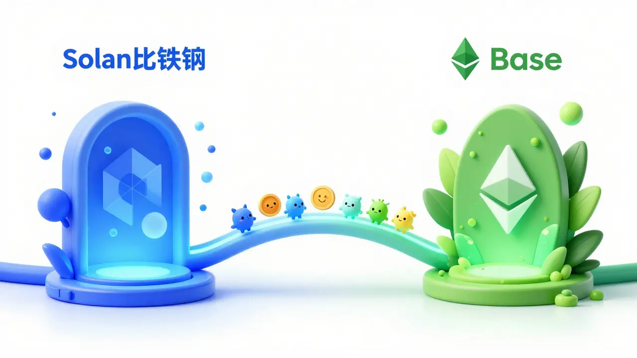 Coins flowing between two blockchain portals on a bridge