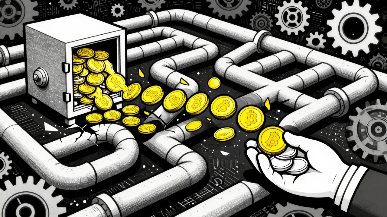 Coins flowing through a complex maze representing crypto laundering