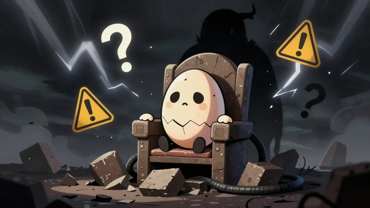 Cracked egg character on unstable blocks under a dark shadow