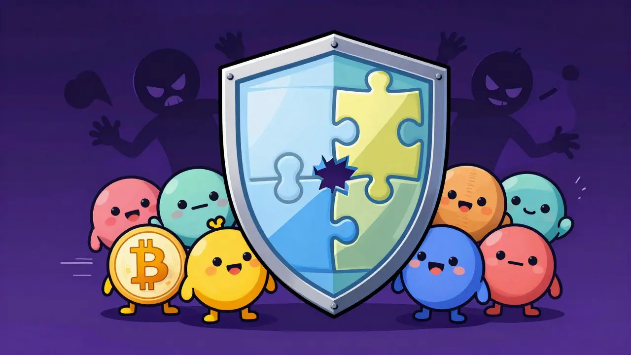 Cryptocurrency characters protecting the network with a puzzle-piece shield.