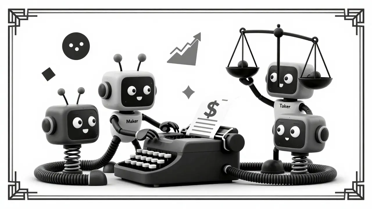 Cute robots automating trades with maker-taker fee scales