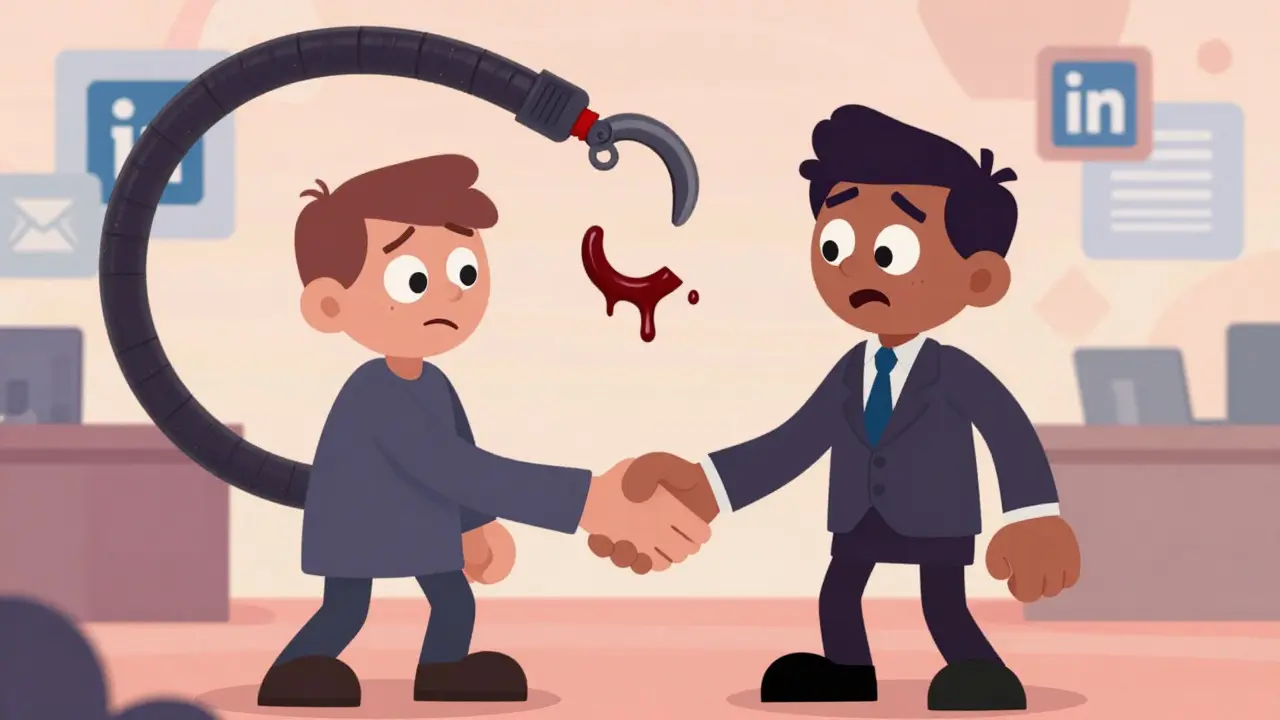 Deceptive recruiter using a trap to catch an employee in animation style
