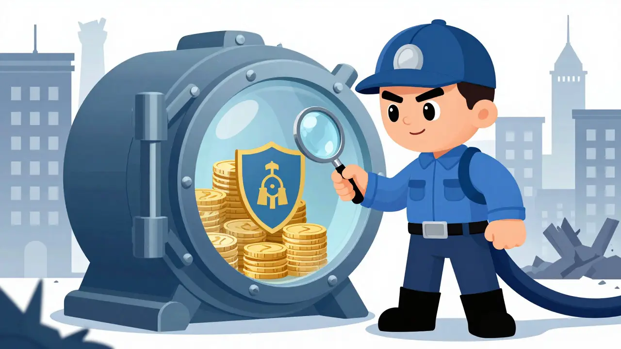 Detective character inspecting a secure, transparent vault representing safe, regulated trading.