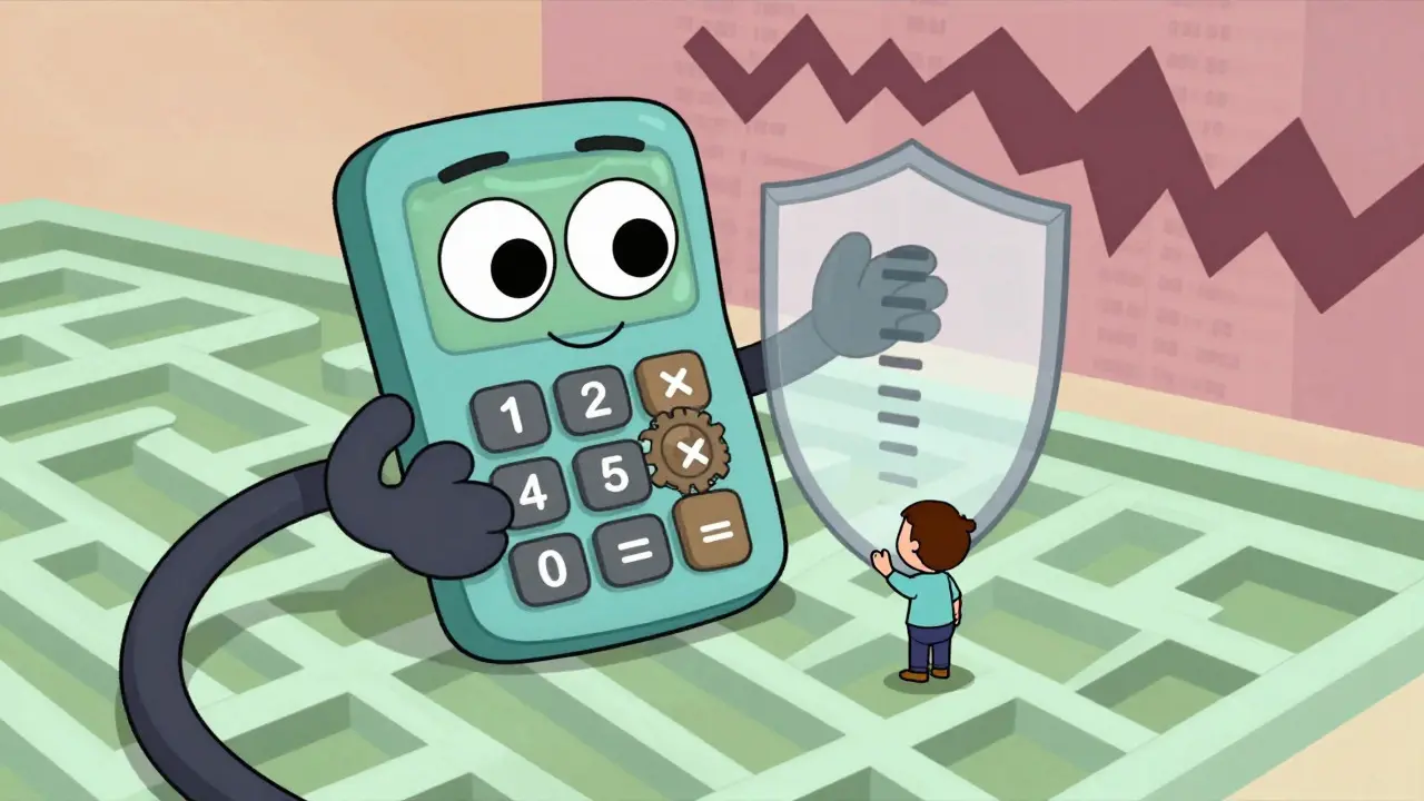 Friendly animated calculator character protecting a user from volatile market charts