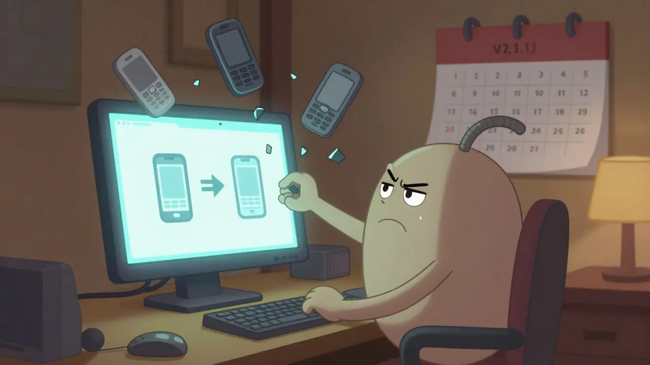 Frustrated cartoon character at a desk with broken mobile phones
