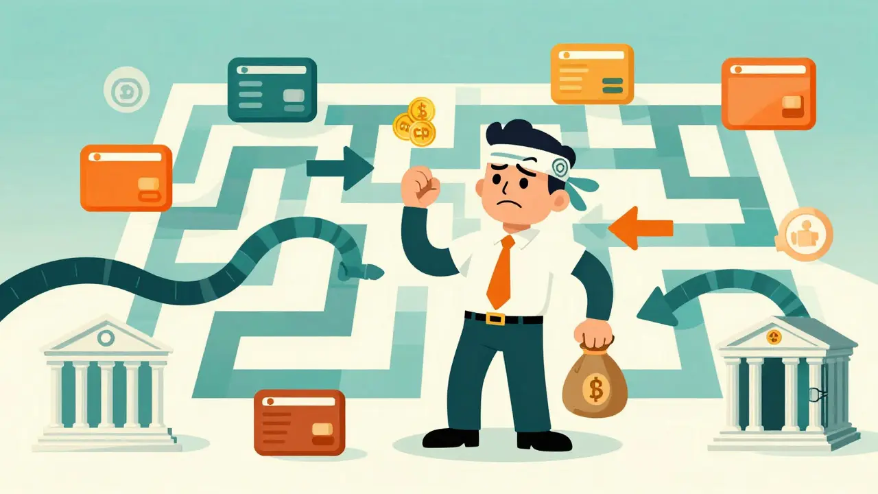 Frustrated cartoon trader navigating a maze of payment icons