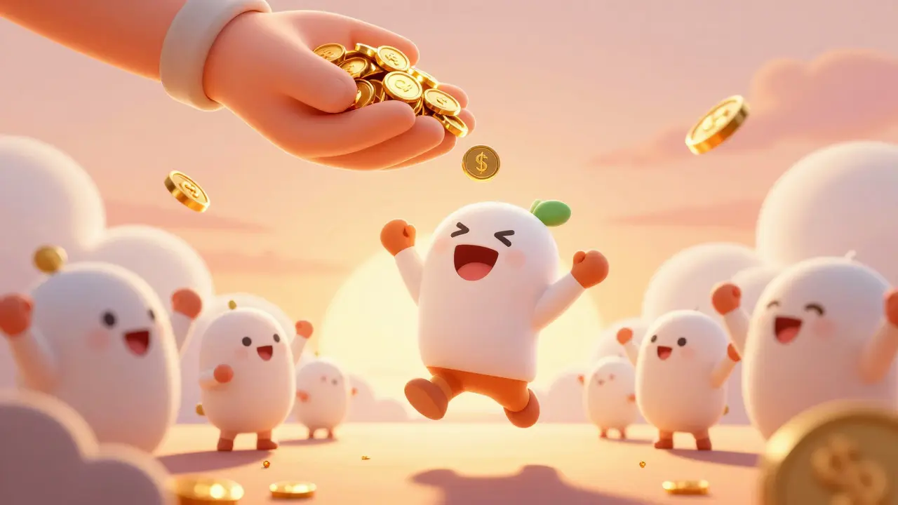 Happy cartoon character catching golden tokens from a cloud figure in a celebratory scene