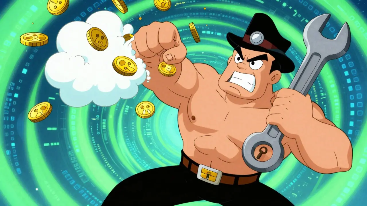 Heroic cartoon detective catching fleeing golden coins in a digital vortex