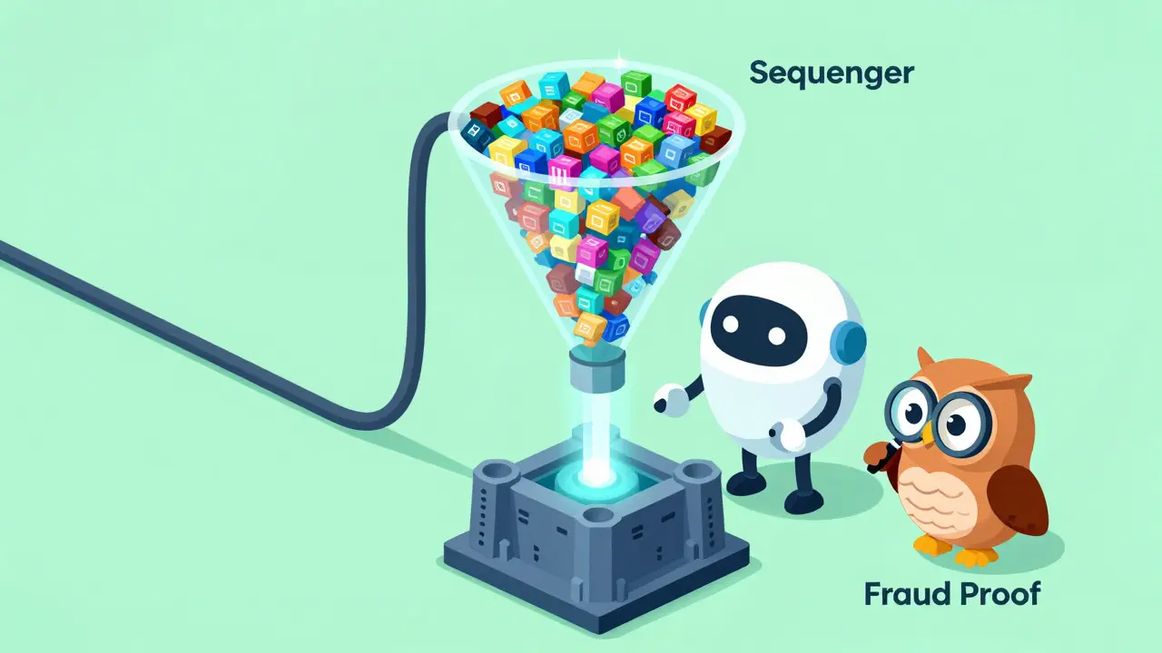 Illustration of a robot sorting data into a funnel, representing how optimistic rollups batch transactions.