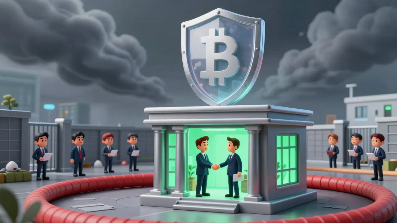 Illustration of institutional bank building protected from storm clouds